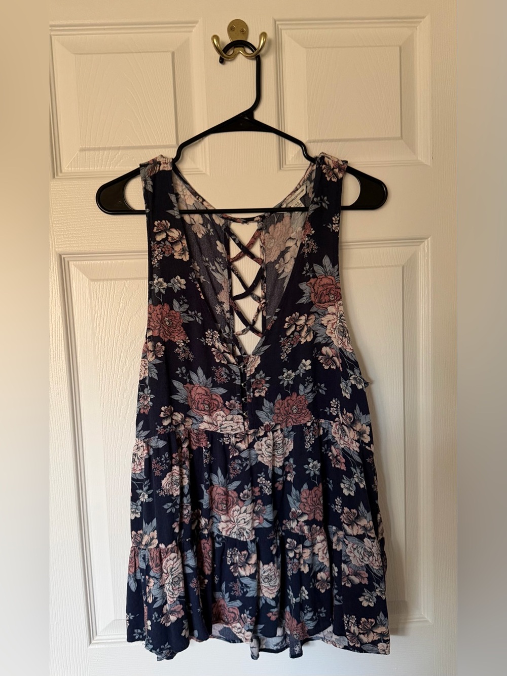 American Eagle Outfitters Navy Floral Lace-Up Tank Top with Pink Flowers